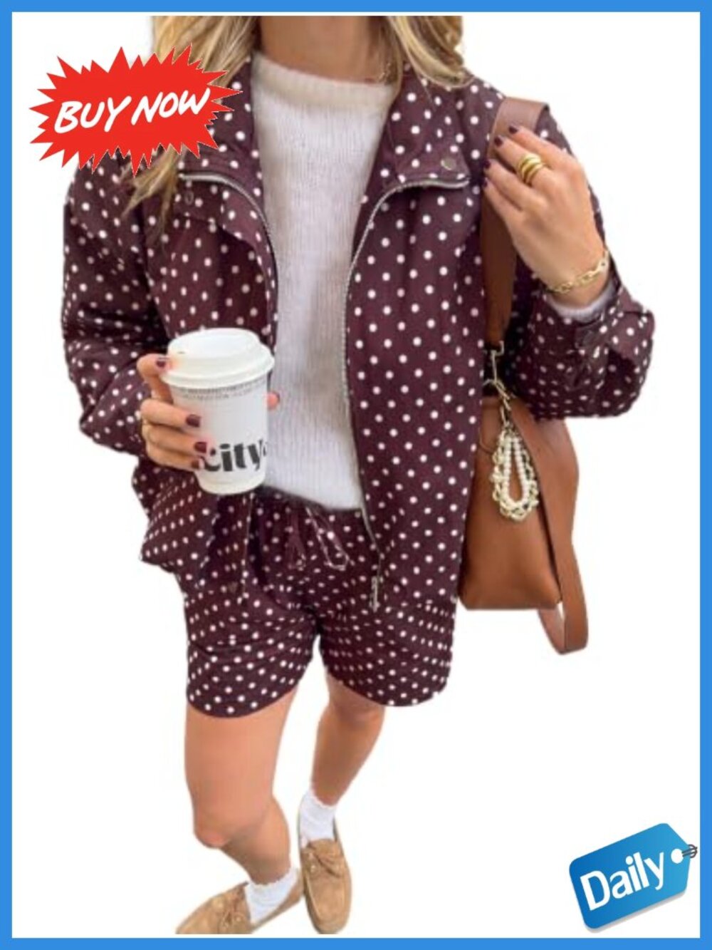 Women's Polka Dot 2 Piece Shorts Set Zip Up Cropped Jacket
